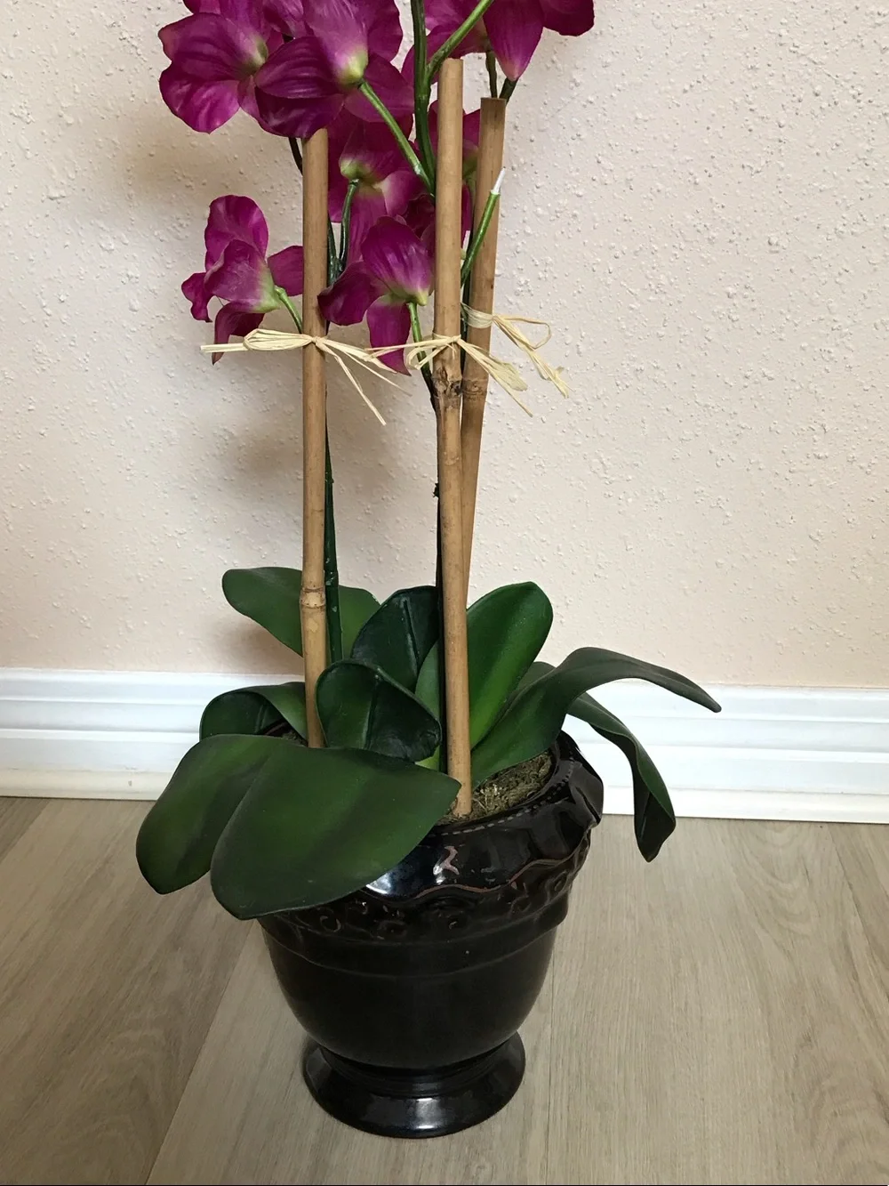 Purple Orchid Arrangement in Black Ceramic Pot - Artificial Floral Accent